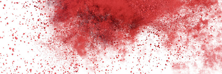 red particles flying, colored powder isolated on transparent background banner