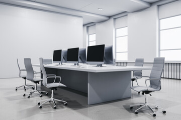 Contemporary concrete coworking office interior with furniture, equipment and window with daylight. 3D Rendering.