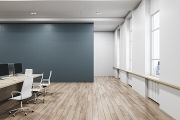 Clean concrete and wooden coworking office interior with furniture, equipment and window with daylight. 3D Rendering.