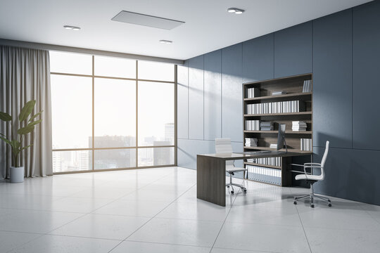 Clean blue home office interior with furniture, white flooring, window with city view and curtain, bookshelf. 3D Rendering.