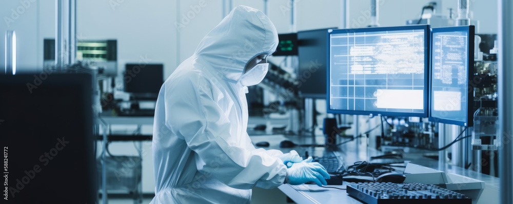 Poster over the shoulder view of a scientist conducting research on a desktop computer in a laboratory. pha