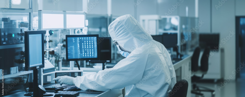 Poster over the shoulder view of a scientist conducting research on a desktop computer in a laboratory. pha