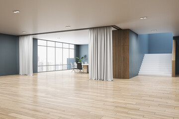 Contemporary spacious meeting room interior with furniture, staircase, partition curtains, window with city view and wide wooden parquet floor. 3D Rendering.