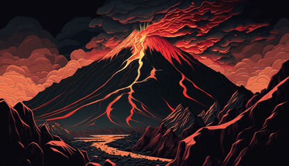 Volcanic eruption in the mountains. Illustration for your design. AI generated