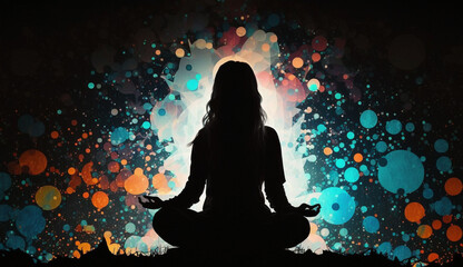 Silhouette of woman meditating in lotus pose on abstract background. AI generated