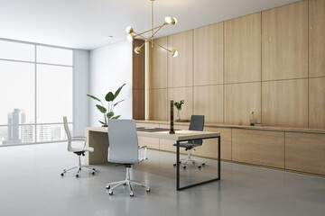 Luxury loft wooden office interior with panoramic window and city view, furniture, equipment and decorative plants, various items. 3D Rendering.