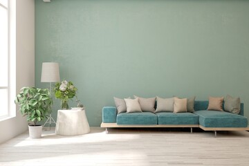 Blue living room with sofa. Scandinavian interior design. 3D illustration