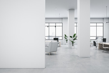 Fototapeta na wymiar Modern white loft coworking office interior with blank mock up place on wall, panoramic windows, furniture, equipment and no people. 3D Rendering.