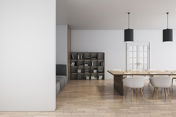 Modern meeting room office interior with bookcase, lamps, empty white mock up place, wooden flooring, furniture and other objects. 3D Rendering.
