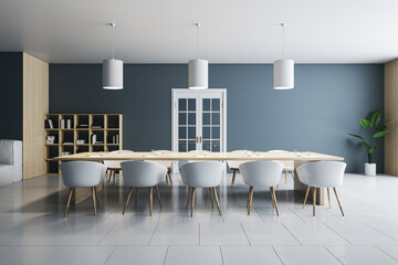 Modern meeting room office interior with bookcase, lamps, tile flooring, furniture and other objects. 3D Rendering.