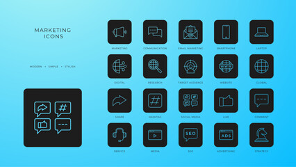 Marketing icons collection with black filled line style. social, seo, media, strategy, internet, optimization, management. Vector illustration