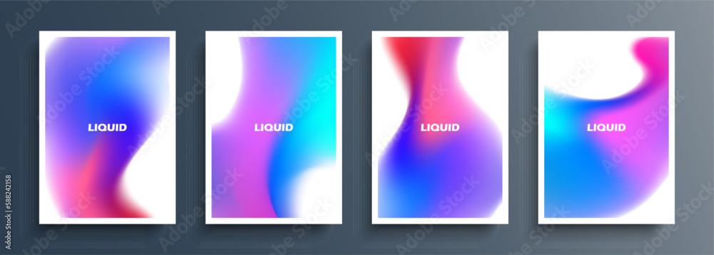 Poster bright liquid shapes. vibrant blobs or splashes backgrounds collection. covers with fluid dynamic el