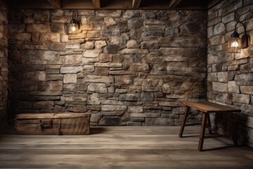 cozy outdoor seating area with stone wall, bench, and lighting. Generative AI