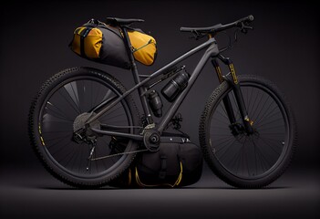 Fototapeta na wymiar 3d illustration of hardtail mountain sports bike for tourism with bags on gray background with shadow. Generative AI