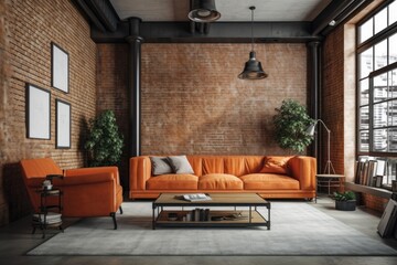 cozy living room with brick wall and comfortable furniture. Generative AI