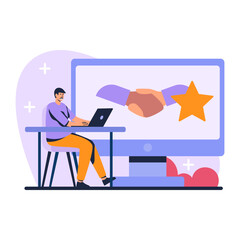 Colored cartoon character of young man working remotely. Online cooperation with colleagues. Support and successful teamwork in business online. Vector