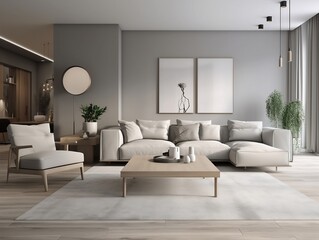 Fototapeta na wymiar interior design of modern apartment, living room with sofa and coffee tables. create using generative AI.
