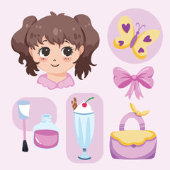 Girly vector illustration set isolated on square light pink background
