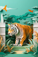 Bengal tiger in a wildlife sanctuary, with the kirigami paper art creating the details of the sanctuary fence and surrounding landscape