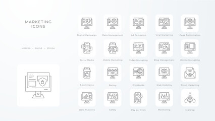 Marketing icons collection with black outline style. social, media, strategy, network, digital, optimization, market. Vector illustration