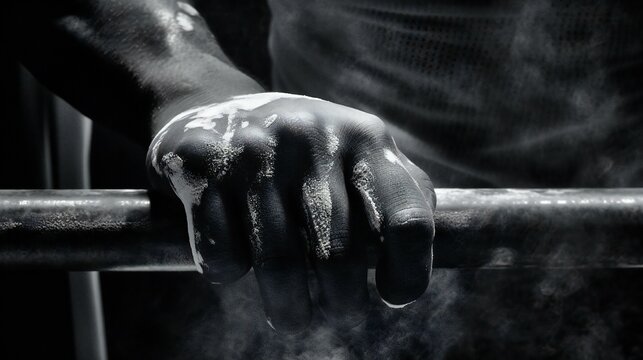 Black and white detailed close-up of a weightlifter's hands covered in chalk, resting on a barbell, created using Generative AI