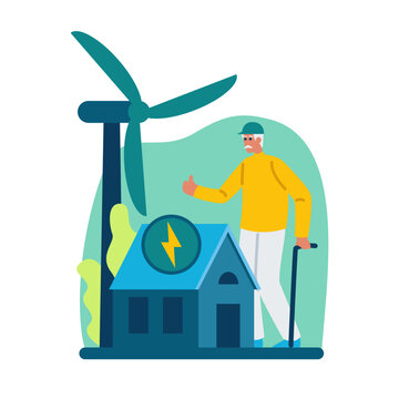 Cartoon character of elderly man standing near modern house with green energy. Usage of windmills as source of energy. Taking care of environment. Sustainable ecological power generation. Vector