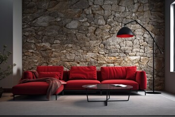 modern living room with a bold red couch and sleek black coffee table. Generative AI