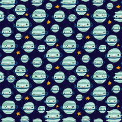 Seamless childish pattern set with hand drawn space elements space, planet, stars, meteorite. Flat blue, green, white, vector backgrounds