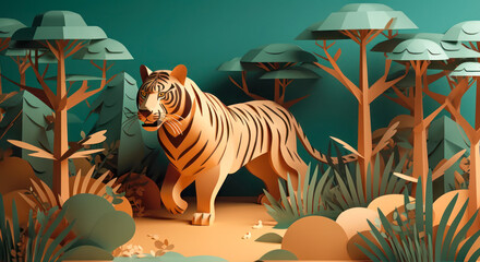 Bengal tiger in a wildlife sanctuary, with the kirigami paper art creating the details of the sanctuary fence and surrounding landscape