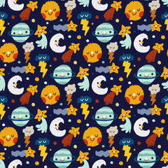Seamless childish pattern set with hand drawn space elements space, planet, stars, meteorite. Flat blue, green, white, yellow vector backgrounds