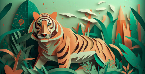 Bengal tiger in a wildlife sanctuary, with the kirigami paper art creating the details of the sanctuary fence and surrounding landscape