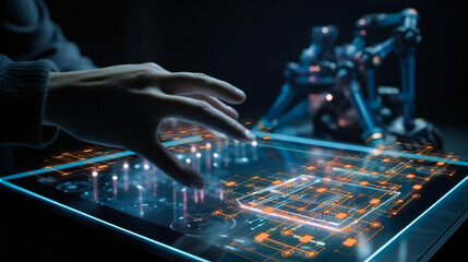 Working with futuristic new technology, concept of holographic touch screens