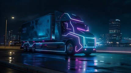 Modern and futuristic self-driving truck driving by the city during the night, created using Generative AI technology
