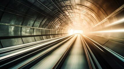 Subway metro railway tunnel with sun light at the of it, created using Generative AI technology