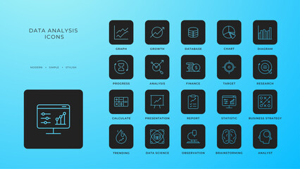 Data analysis icons collection with black filled line style. analytics, chart, graph, growth, research, information, report. Vector illustration