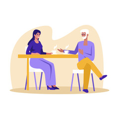 Cartoon characters of couple drinking coffee in cafe. Young man and woman spending time together. First date in cafeteria. Coworkers having coffee break. Vector