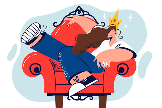 Young woman with crown on head sits in red chair with legs up and behaves selfishly because 
