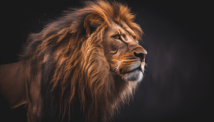 Portrait of a big male African lion against a black background