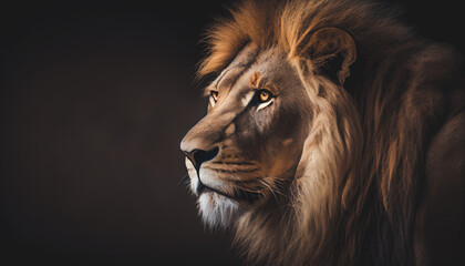 Naklejka premium Portrait of a big male African lion against a black background