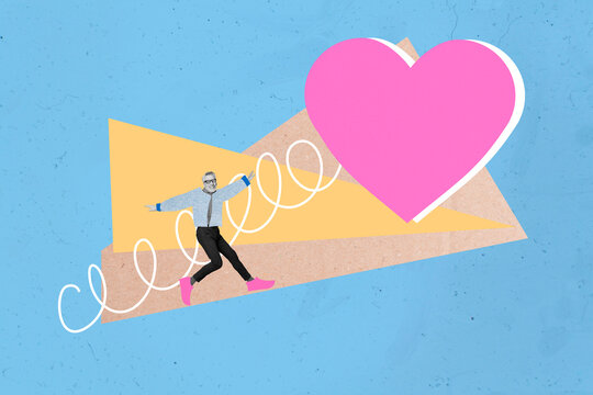 3d retro abstract creative artwork template collage of carefree funky guy running catching big huge heart isolated painting background