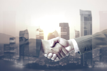 Double exposure of Business agreement handshake hand gesture with view city building landscape background. Created with Generative AI Technology