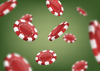 3d realisitc vector green background. Casino concept. Poker game flying chips. Game tokens.