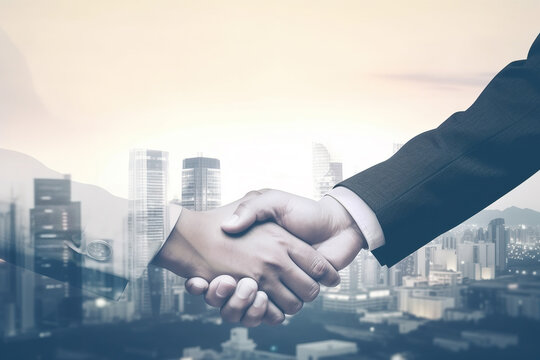 Double exposure of Business agreement handshake hand gesture with view city building landscape background. Created with Generative AI Technology