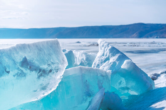 Large ice floe on an ice humpback on Lake Baikal