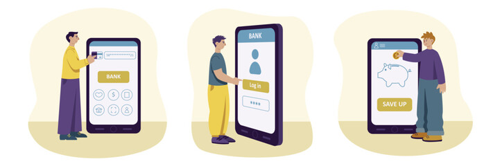 Mobile banking app, user interface. Customers using e wallet. People in front of giant phones, cashless payments. Color set vector graphic, flat art collection, cartoon illustration