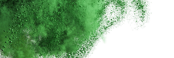 Fototapeta na wymiar green particles flying, colored powder in the air, isolated on transparent background banner 