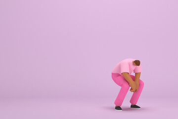The black man with pink clothes.  He is sad or in pain. 3d rendering of cartoon character in acting.