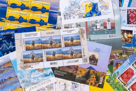 A set of new postage stamps of Ukraine for 2022. Ukrainian postage stamp on the theme of the war. Ukrposhta limited edition print. Russian warship Go f yourself. Kyiv, Ukraine - February 24, 2023