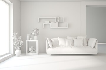 Grey interior desigh concept with furniture. 3D illustration