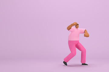 Fototapeta na wymiar The black man with pink clothes. He is doing exercise. 3d rendering of cartoon character in acting.